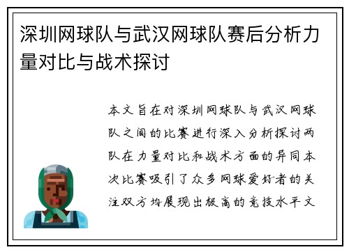 深圳网球队与武汉网球队赛后分析力量对比与战术探讨